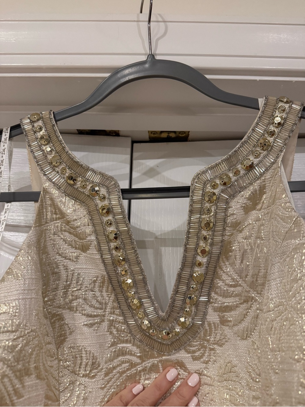 Lilly Pulitzer Ivory and Gold Leaf Embellished Mini Dress. - Picture 4 of 11